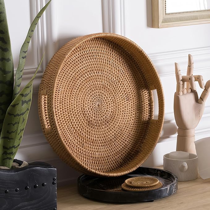 16.9" Round Rattan Tray, Hand Woven Serving Tray with Handles, Wicker Serving Basket, Decorative Tray for Home Decor, Natural