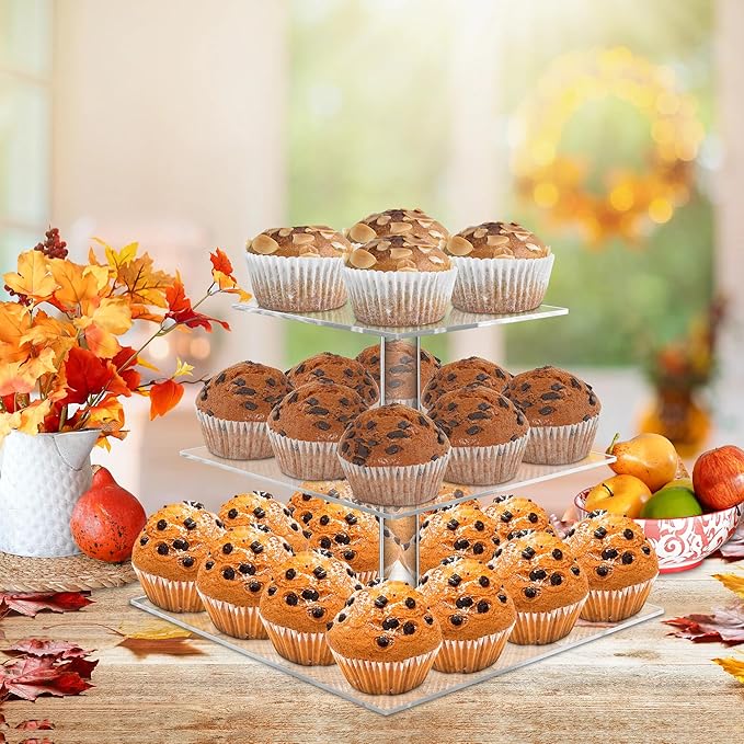 weddingwish 3 Tier Square Clear Acrylic Cupcake Stand, Clear Cupcake Display Stand Tower Tree, Tiered Cupcake Carrier Dessert Stands