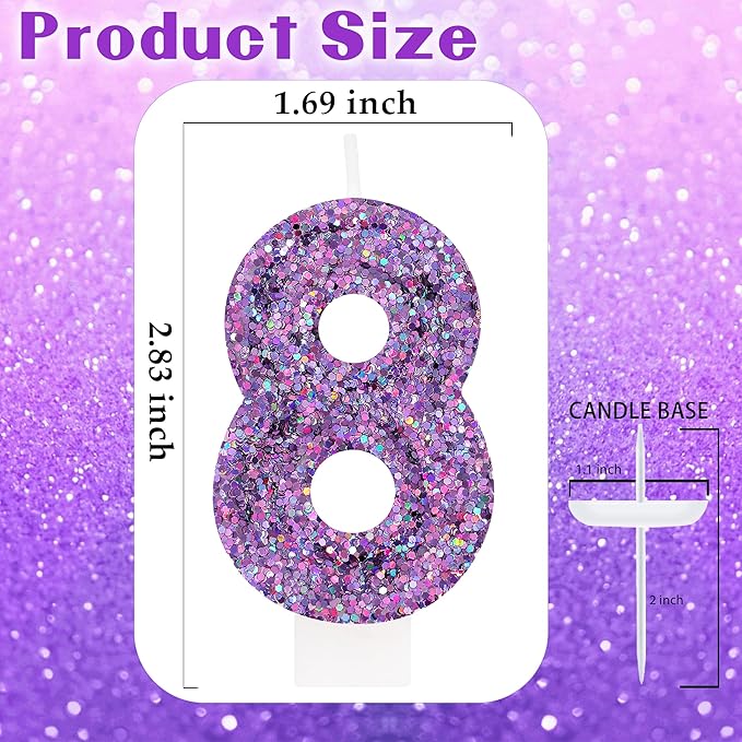 Deep Purple Glitter Birthday Candles for Girls - Number 8 Candle Cake Topper for Kpop Themed Birthday Party Decorations