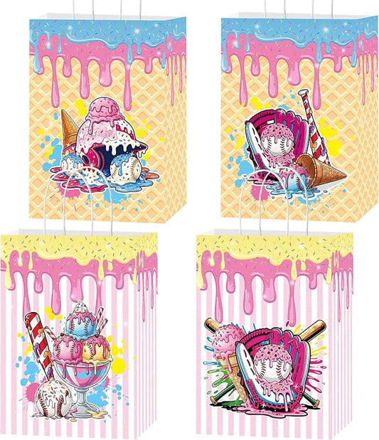 MOIZYNG 16 Pcs Baseball Ice Cream Drip Gift Bags with Handles, Ice Cream Baseball Kraft Paper Snack Treat Goodie Bags for Boys Girls Kids Teams Birthday Sports Themed Party Favors Supplies