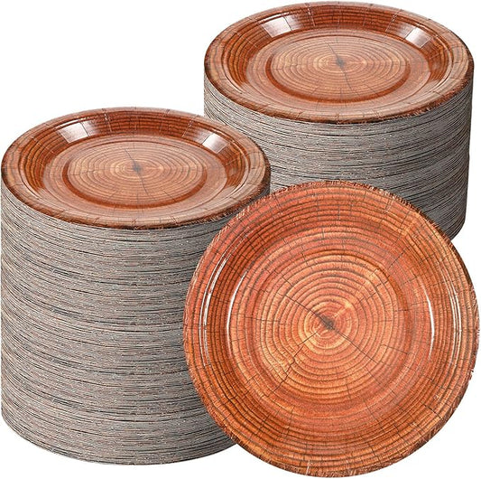 Umigy 120 Pack Wood Grain Paper Plates 7 Inch Camping Party Supplies Paper Plates Rustic Wood Slice Dessert Round Disposable Plate Dish Cut Timber Farmhouse for Woodland Birthday Wedding(Classic)
