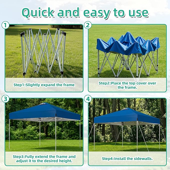 10 x 10FT Blue Pop Up Canopy Tent, Easy Setup Outdoor Portable Gazebos Shelter Sun Shade with Wheeled Carry Bag, Sandbags for Events, Party, BBQ, Backyard, Adjustable Height