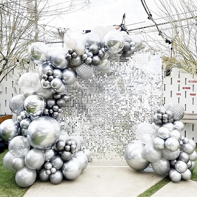 Voircoloria 130pcs Metallic Silver Balloons Different Sizes 18" 12" 10" 5" Chrome Silver Balloon Garland Arch Kit for Graduation Birthday Baby Shower Wedding Anniversary New Year Party Decorations