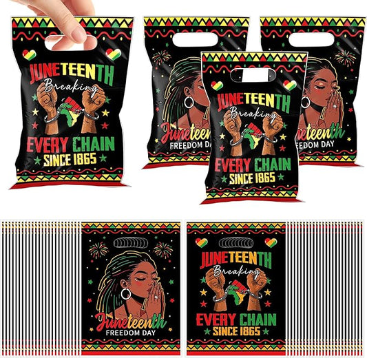 MOIZYNG 50Pcs Juneteenth Gift Bags with Handles, Black Juneteenth Freedom Day Plastic Candy Treat Goodie Bags for African American Independence Day Party Favors Supplies