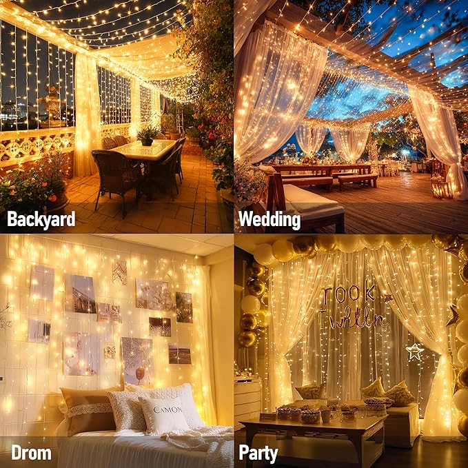 Dazzle Bright 300 LED Curtain Lights, Plug in Fairy Curtain Lights for Bedroom, Christmas Hanging String Lights Outdoor for Window Backdrop Wall Wedding Patio Indoor Dorm Party Decor, Warm White