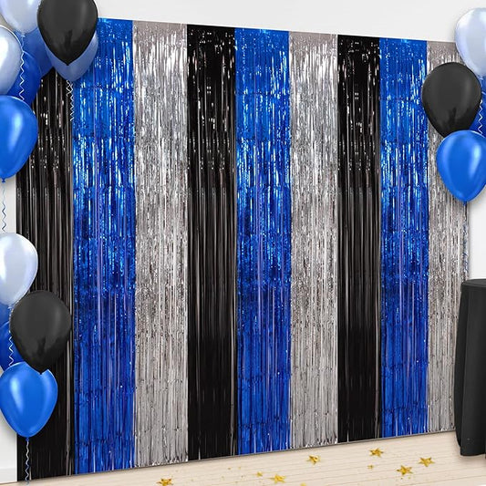 BEISHIDA 3Pcs Black Blue Silver Door Streamer Backdrop Foil Fringe Tinsel Curtains Backdrops for Boy Men Birthday Father's Day Baby Shower Bachelor Party Decoration (3.28 ft x 6.56 ft)