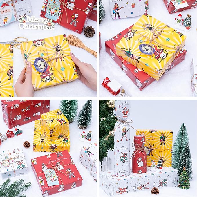 Larcenciel Music Christmas Gift Wrapping Paper Set with Xmas Gift Tags Twine & Tape, 6 Sheets Colorful Holiday Wrapping Paper, Rock Santa Snowman and Reindeer Design for Boy, Girly, Coworker, Friends