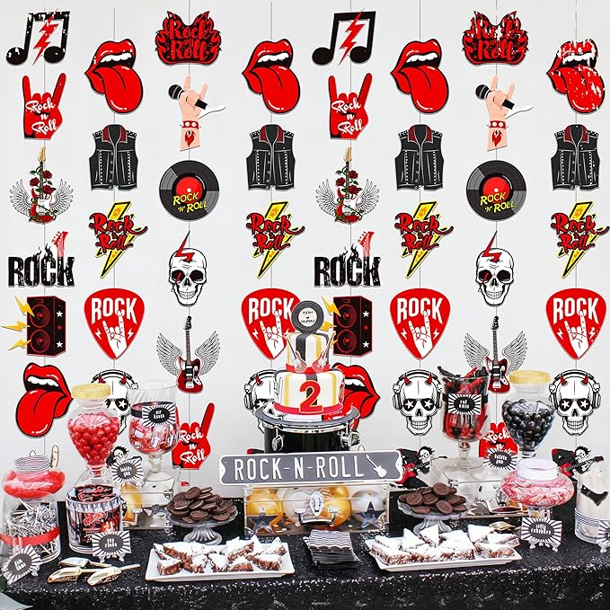 8pcs Rock and Roll Party Hanging Garlands Rock Music Room Wall Decor Rockstar Birthday Ceiling Garlands Rock Guitar Party Decorations for Muscial Theme Baby Shower Supplies