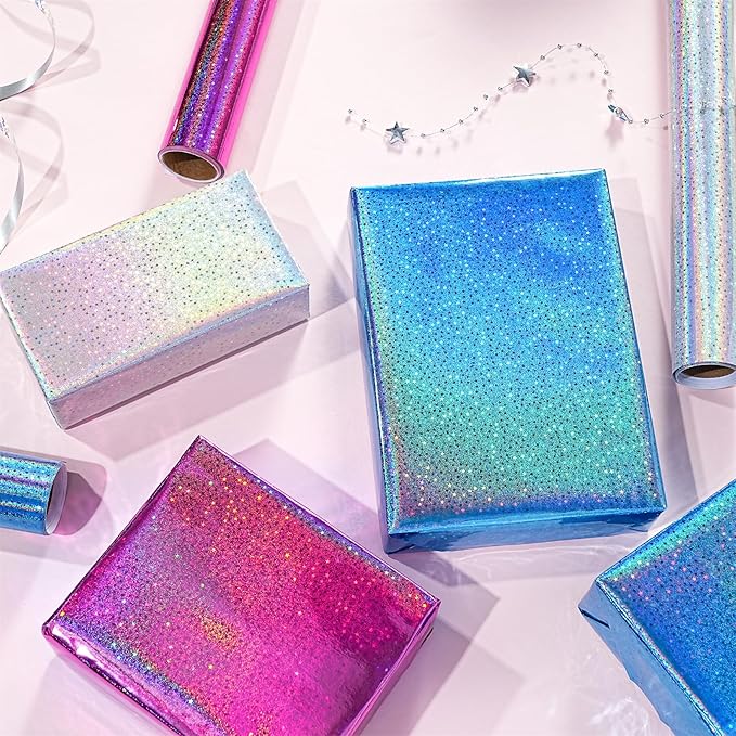 RAPAHOLIC Metallic Holographic Wrapping Paper - 3 Mini Rolls - 17 Inch x 120 Inch Per Roll - Blue White Pink Holographic Star Wrapping Paper for Birthday, Wedding, Baby Shower, Bridal Shower