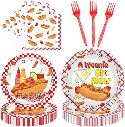 96 Pcs Hotdog Party Decorations, Fast Food Disposable Dinnerware Set, BBQ Picnic Plates, Napkins & Forks for 24 Guests, Summer Birthday Cookout Supplies
