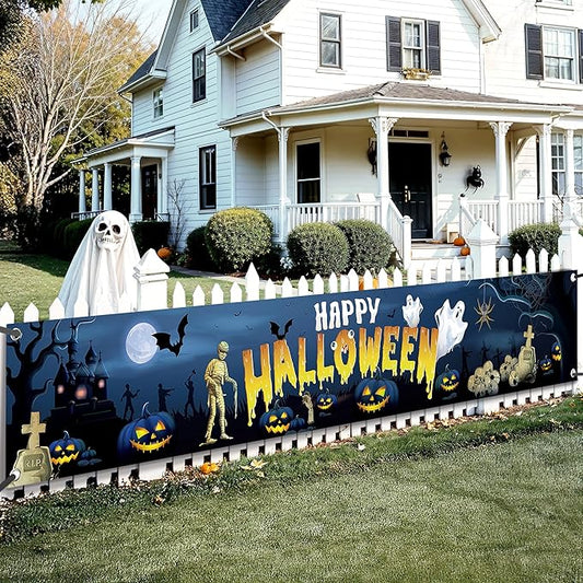 KatchOn, XtraLarge Happy Halloween Banner - 120x20 Inch, Outdoor Blue Decoration for Yard | Outdoor Banner for Porch, Fence, or Garden Decorations | Hanging Banners for Outside Yard Decorations