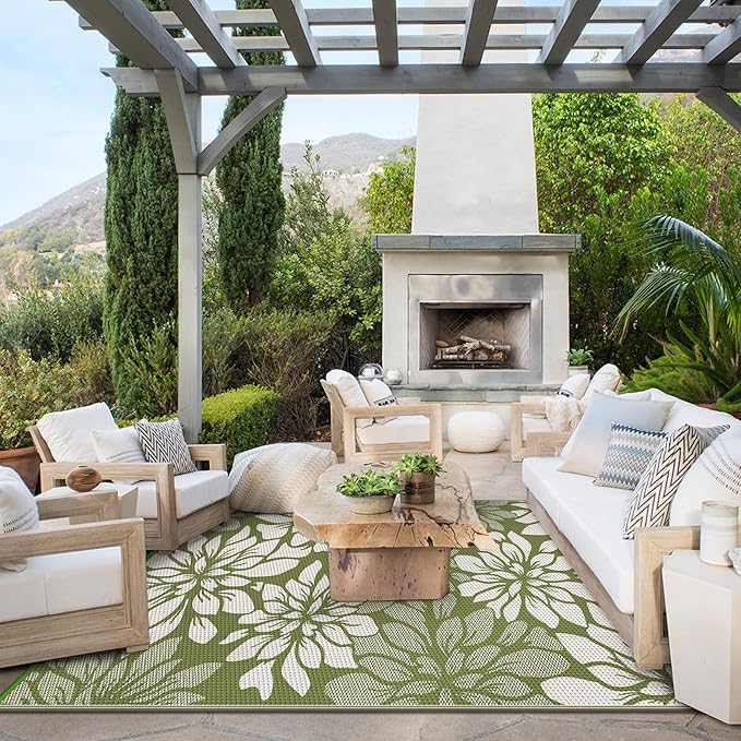 GENIMO Outdoor Rug Waterproof for Patio Decor, 6' x 9' Reversible Plastic Straw Floral Camping Carpet, Large Area Rugs Mats for RV, Camper, Deck, Balcony, Porch, Beach, Picnic, Green & Beige