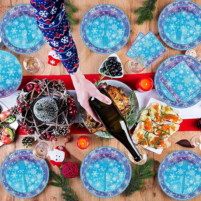 100 Pcs Snowflake Winterland Tableware Party Supplies Set, Serves 25 – Disposable Snowflake Paper Plates, Napkins, and Forks, Winter Dinnerware for Christmas, Birthday, and Baby Shower Decorations