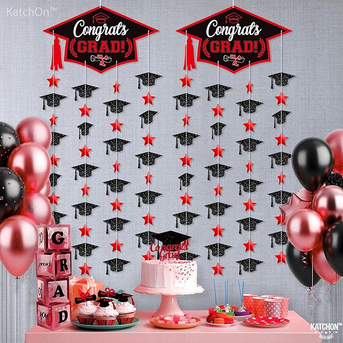 Graduation Decorations 2026, Black and Red Cap Garland - Pack of 2, No DIY | Congrats Grad Garlands for Wall Decor | Cap Garland for Graduation Party Decorations, 2026 Graduation Decoration, KatchOn