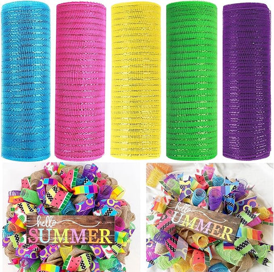 5 Rolls Summer Mesh Ribbon for Wreath, 10 Inch x 30FT Per Roll Metallic Foil Deco Mesh Rolls Pink Blue Yellow Green Purple Decorative Mesh for Spring Summer Easter Baby Shower Party Decor