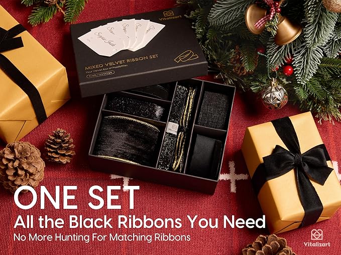 Vitalizart Black Velvet Ribbon 9 Rolls with Gift Tags Luxury Textured Ribbon for Christmas Gift Wrapping Tree Ornaments Bows Wreaths Holiday Decorations