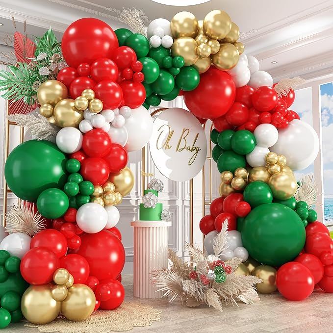 412pcs Red Green White Balloon Garland Arch Kit, 18 12 10 5 inch Different Sizes Red White Dark Green Balloon for Birthday Christmas New Year Party Decor