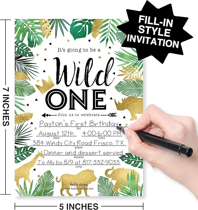 Hadley Designs Kids Birthday Invitations For Boys and Girls Safari Theme - 25 Wild One 1st Birthday Party Invitations For Boys, Jungle Invites For Girls, Cute Animals Party Supplies, Made In USA