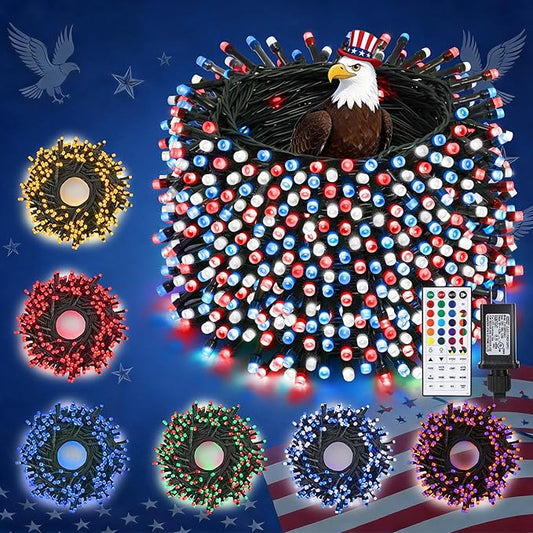 Toodour 4th of July String Lights, 66ft 200 LED RGB Color Changing String Lights with Remote & Timer, Waterproof Red White and Blue Lights for Home Yard Holiday Tree Party Indoor Outdoor Decoration
