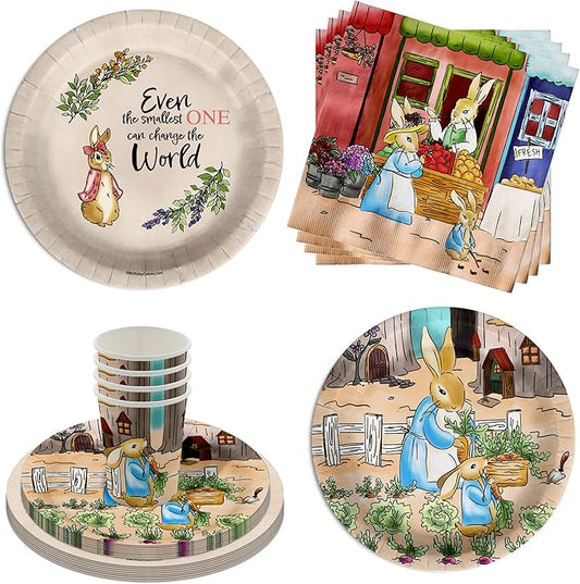 Birthday Galore Peter Rabbit Girl's Baby Shower Party Supplies - 64 Piece Spring Baby Shower Tableware Set Includes Large 9" Dinner Plates and 8" Dessert Paper Plates Napkins Cups - Kit for 16