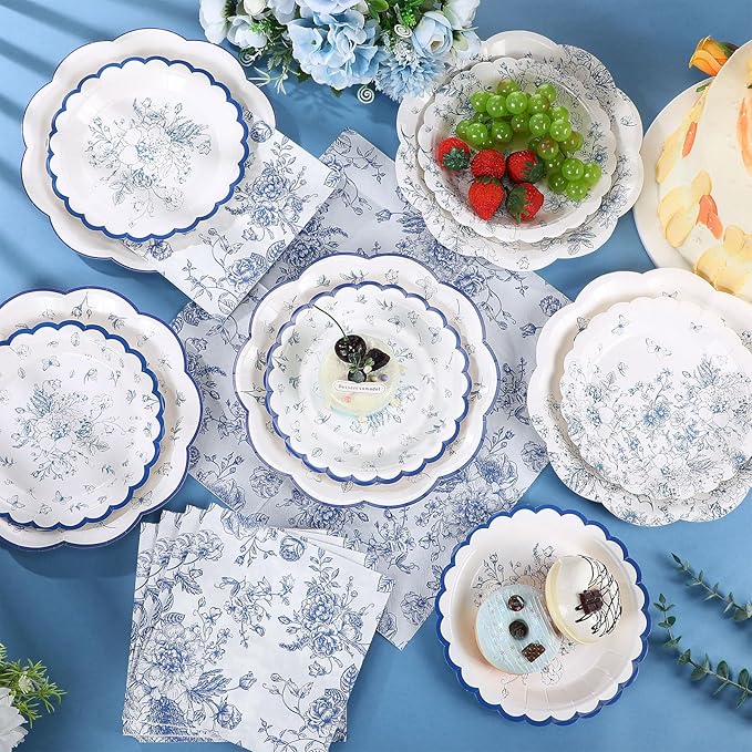 144 Pcs 48 Guests Blue Floral Party Plates and Napkins White and Blue Toile Paper Plates Napkins Chinoiserie Disposable Tableware for Baby Bridal Shower Wedding Birthday Tea Party Supplies