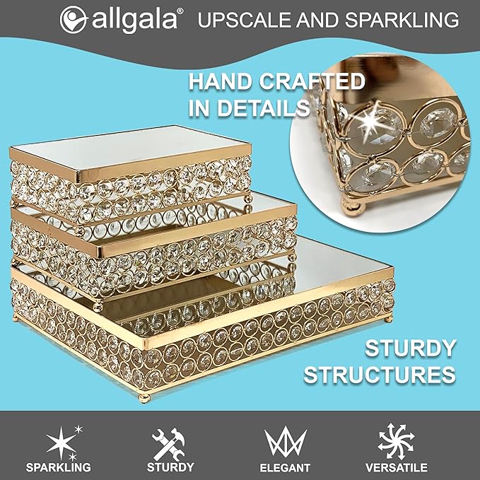 Allgala Wedding Cake Stands 3-Piece Set Crystal Gold Plated Cheese Dessert Cupcake Cake Stand with Mirror Plate-Gold Rectangle-HD89203