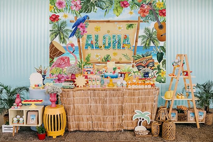 Mocsicka Hawaiian Aloha Party Backdrop Tropical Hawaiian Summer Luau Beach Party Decorations Extra Large for Birthday Mucial Party Baby Shower Photography Background (Greenery, 10x8ft(120''x96''))