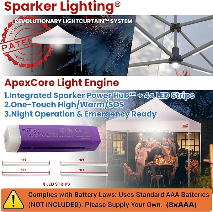 Tradesparker Pop Up Tent,Commercial Movable Canopy with ApexCore LED&Rugged Casters-Instant Easy Setup Shelter Canopies with Weight Bags&Stakes for Outdoor Events(8x12, with 4 Sidewalls, Black)
