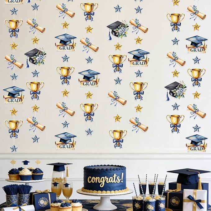 Blue Gold Graduation Party Hanging Streamer Floral Navy Gold Star Grad Cap Garland Banner for Congrats Grad You Did It Class of 2026 We are So Proud of You Themed Graduation Party Decorations Supplies