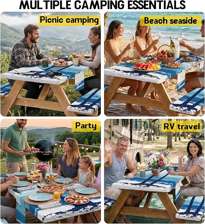 Picnic Table Cover with Bench Covers Waterproof Fitted Table Cloth Tablecover Camp Camper Camping Essentials Outdoor Summer Beach River Water Motorhome Trailer Road Trip Tent Rv Car Travel Activities