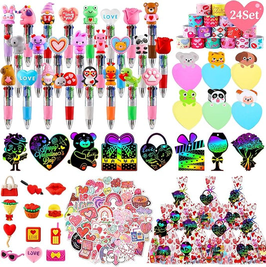 24 Sets Valentine’s Day Bulk with Multicolor Pen Gifts, Valentines Stationary for Classroom Birthday Goodie Bags Stuffers Rewards Prizes Party Favors