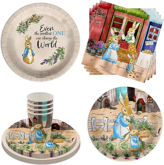 Birthday Galore Peter Rabbit Boy's Baby Shower Party Supplies - 64 Piece Spring Baby Shower Tableware Set Includes Large 9" Dinner Plates and 8" Dessert Paper Plates Napkins Cups - Kit for 16