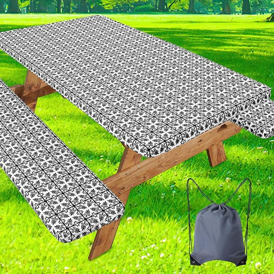 misaya Picnic Table Cover with Bench Cover, Waterproof Elastic Fitted Tablecloth for 6 Foot Tables, Rectangle Washable Polyester Tablecloths for Picnic, Camping, Outdoor (Black, 30" x 72")