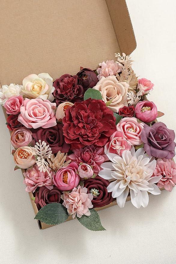 Serra Flora Artificial Flowers Combo Box Set Faux Flowers Bulk Flower Leaf with Stems for DIY Wedding Bouquets Centerpieces Baby Shower Party Home Decorations- (Burgundy Pink)