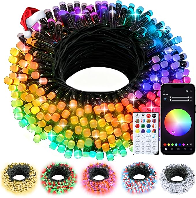 echosari Christmas Lights 33Ft RGB Color Changing IC, 100 LED Smart String Light with App Control, Music Sync Wreath Lights for Yard Garden Tree Decor (Dark Green Cable)