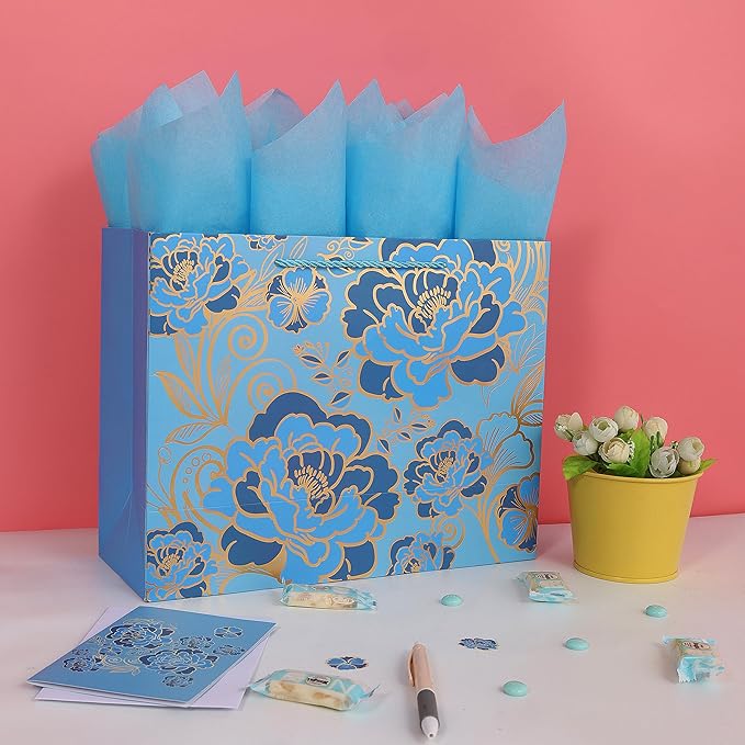 13" Large Rose Blue Gift Bag Set with Greeting Card and Tissue Paper(Foil Traced Flowers) for Celebrating Birthdays, Mother's Day, Weddings, Anniversary, Valentine's Day - 13”x5.2”x10.2”, 1 Pcs.