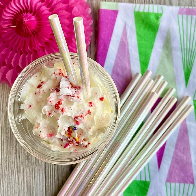 Iridescent Foil Paper Straws - Birthday Party - Valentine Party - Easter - Pink Blue Green White Pearl - 7.75 Inches - 100 Pack