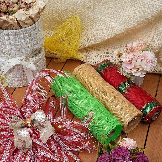 3 Rolls Light Coffee Deco Mesh Ribbon for Wreath Making Supplies, 10 Inch x 30FT Metallic Foil Burlap Deco Mesh Fabric for DIY Crafts Fall Thanksgiving Christmas Wreath Swags and Decorating