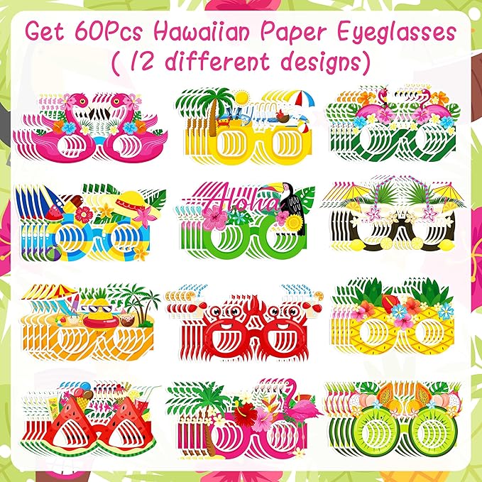 Moon Boat 60Pcs Hawaiian Luau Paper Glasses for Adults Bulk, Summer Beach Party Photo Props Hawaii Tiki Tropical Pool Sunglasses Decorations Supplies