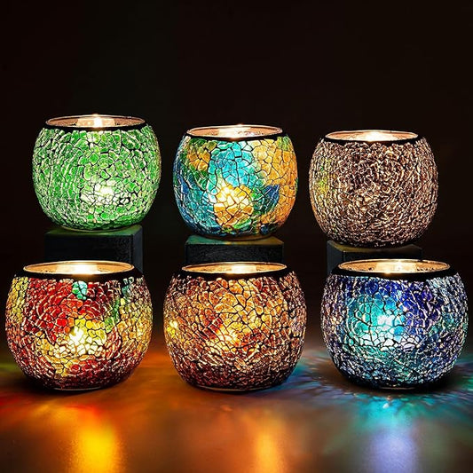 Rancco Glass Votive Candle Holder for Tealight, 6 Set Romantic Stained Mosaic Tealight Candle Holders, Handmade Cracked Aromatherapy Candle Lamp for Valentine, Party, Christmas Table Centerpiece Decor