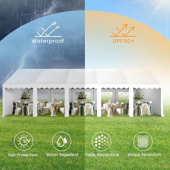 PHI VILLA 16x32 Outdoor Heavy Duty Party Tent, Large Party Canopy Wedding Event Tent with Removable Sidewalls & 4 Storage Bags for Patio Outdoor Garden Events, White