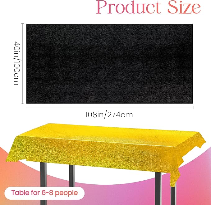Sparkling Holographic Laser Tablecloth - Shimmering, Waterproof, Easy to Clean - Ideal for Halloween Bachelorette, Mermaid, Birthday, Wedding, and Anniversary Party Decorations (Black & Gold, 2)