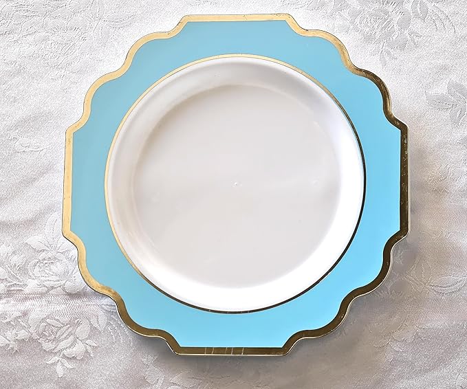 " OCCASIONS " 240 Plates Pack (120 Guests) Heavyweight Wedding Party Disposable Plastic Plates Set -120 x 10.5'' Dinner + 120 x 8'' Salad/Dessert Plate (Imperial Aqua/Gold)
