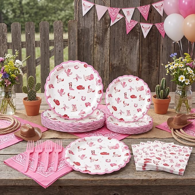 AmazingSpark 122 Pcs Pink Cowgirl Birthday Party Supplies Western Cowgirl Plates Napkins and Fork Disposable Bowknot Rodeo Tableware Set for Girls Baby Shower Wedding Bachelorette Decoration, Serve 24