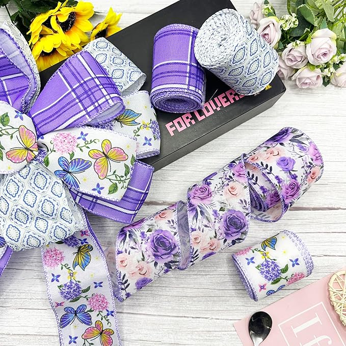 Spring Floral Wired Edge Ribbon, 2.5 Inch Wide Purple Rose Butterfly Burlap Ribbon, 4 Rolls for Mother's Day Summer Wreath Bow Making DIY Crafts Birthday Wedding Wrapping Party Decor Supplies (Purple)