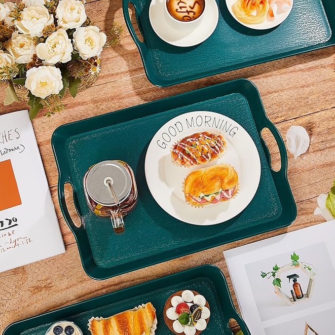 Kathfly 6 Pcs Green Serving Trays with Handles Trays for Eating 16 x 11 Inch Multi Purpose Plastic Tray Rectangular Anti Skid Decorative Food Tray for Restaurant Breakfast Countertop Party Kitchen