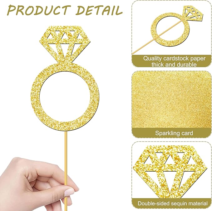 12pcs Gold Glitter Diamond Ring Theme Centerpiece Sticks Engagement Party Centerpieces for Table Wedding Party Table Decorations for Marriage Anniversary Bridal Shower Valentines Party Supplies