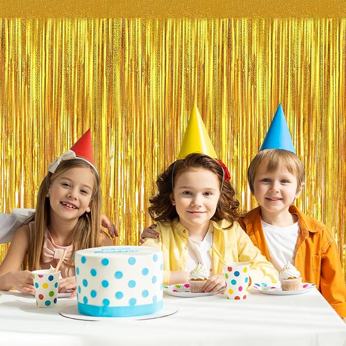 Gold Metallic Tinsel Foil Fringe Curtains Backdrop 2Pack 3.3x8.3Ft Gold Party Streamers for Birthday Party Decorations Halloween Christmas Decors Foil Curtain Backdrop for Bachelorette Wedding