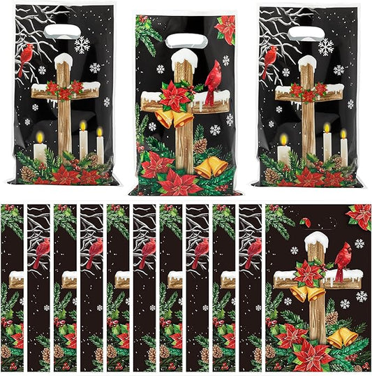 Haooryx Charistmas Cardinal Party Favor Bags - 50 Pcs Religious Red Bird Plastic Goodie Candy Treat Bag with Handle Gift Wrap Decor Birthday Baby Shower Xmas Decoration Holiday Party Favor Supplies