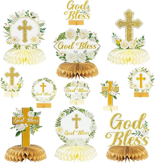 ANGOLIO White Gold Floral Honeycomb Centerpieces - 12Pcs Cross Rose Greenery God Bless Baptism Party Decoration Baby Shower First Communion Birthday Party Supplies for Boy Girl 3D Wedding Table Topper